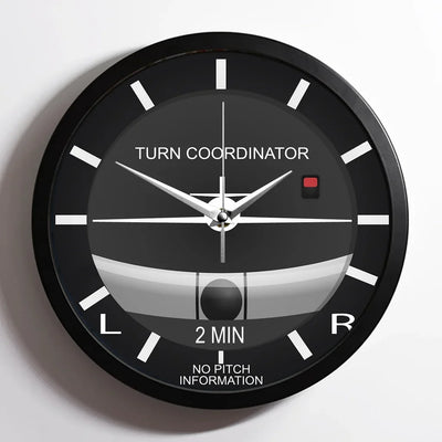 Turn Coordinator aviation design on premium wood and metal wall clock.