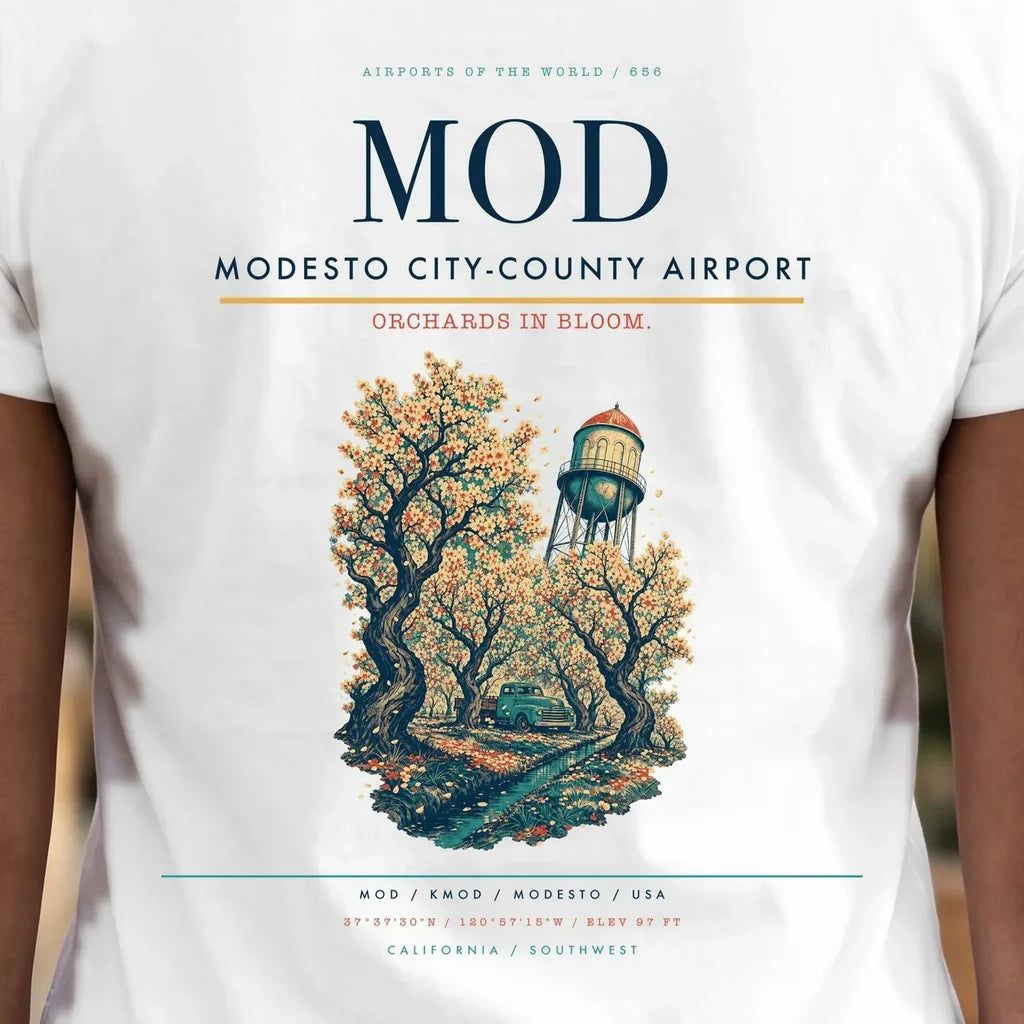 Modesto City-County Airport (MOD) double-side t-shirt design close-up cover