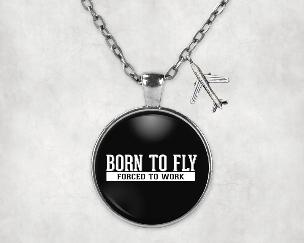 Born To Fly Forced To Work aviation necklace, stainless steel body with engraved detail.