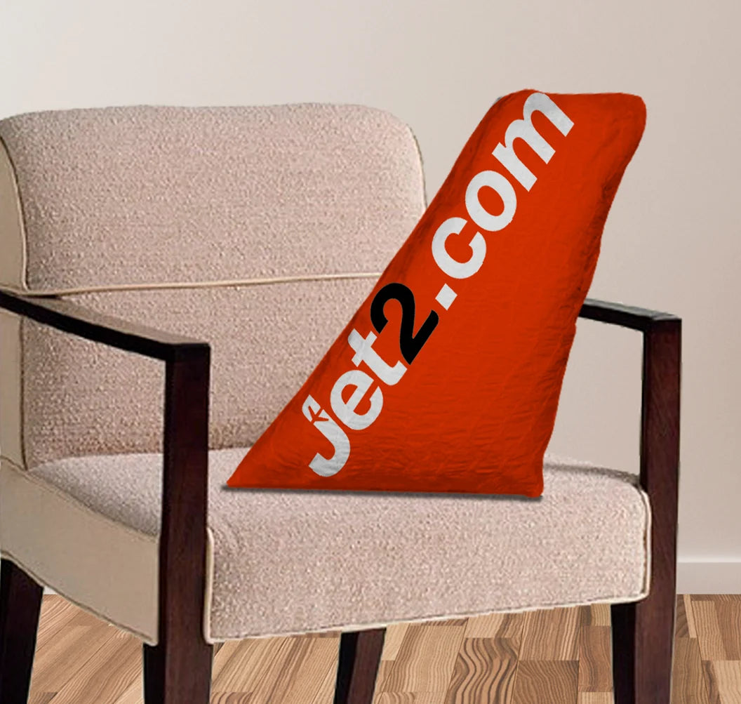 JET2 Airlines aviation design on soft polyester filling aircraft tail pillow.