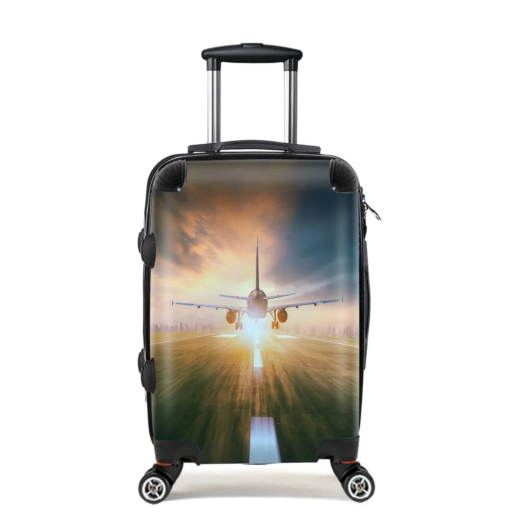 Airplane Flying Over Runway Cabin Size aviation print luggage, durable shell.