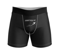Thumbnail for Just Fly It aviation design on soft cotton blend men's boxers.