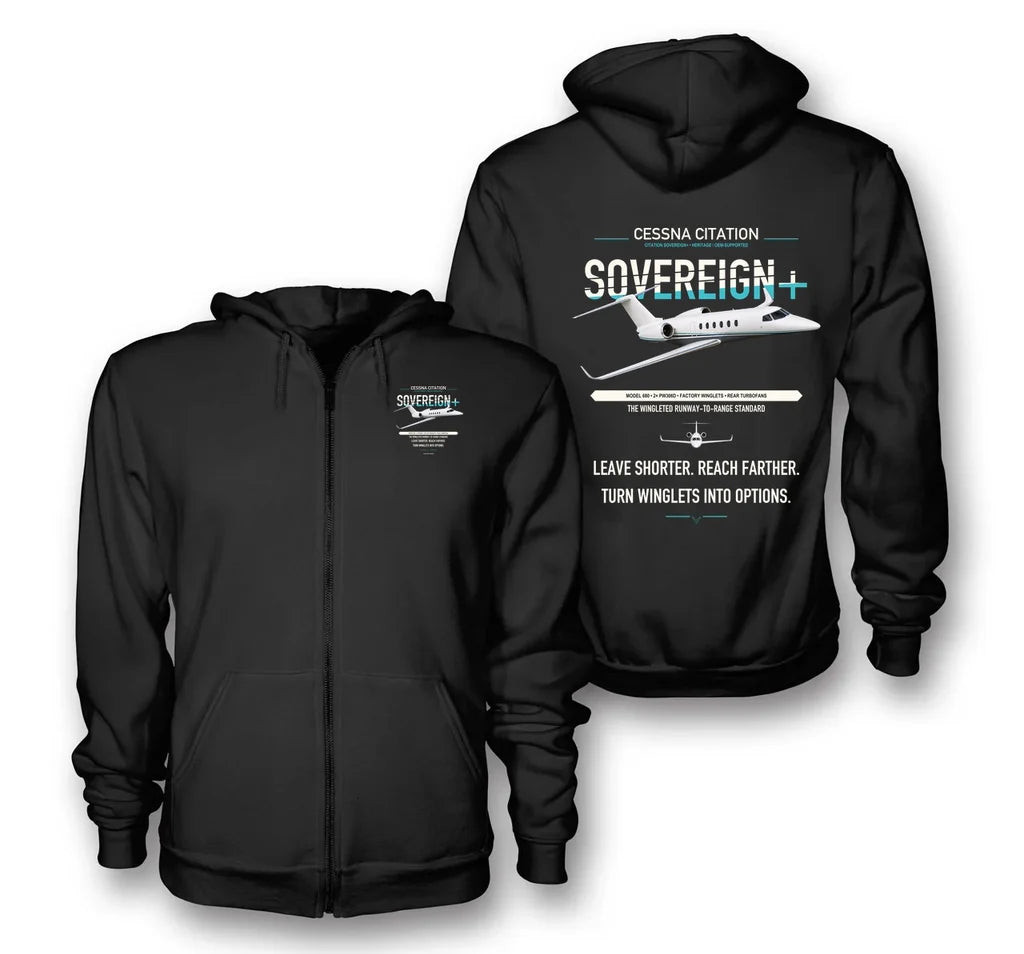 Cessna Citation Sovereign+ design on black premium zipped hoodie, double-side print