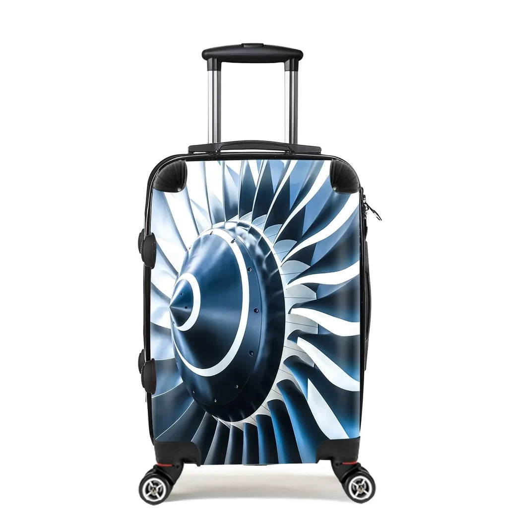 Blue Toned Super Jet Engine Blades Closeup Cabin Size aviation print luggage, durable shell.