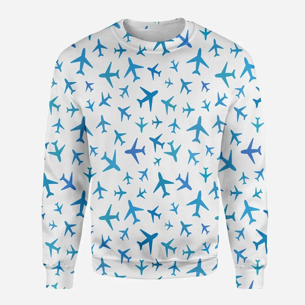 Many Airplanes White aviation design printed on soft cotton blend 3D sweatshirt.