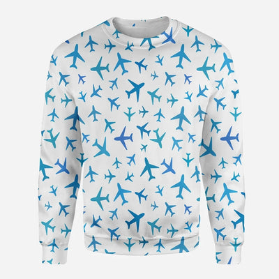 Many Airplanes White aviation design printed on soft cotton blend 3D sweatshirt.