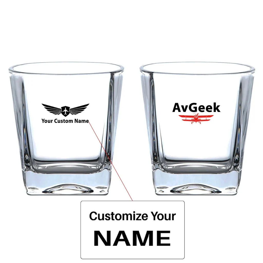 Avgeek aviation design on whiskey glass, crystal-clear premium glassware.
