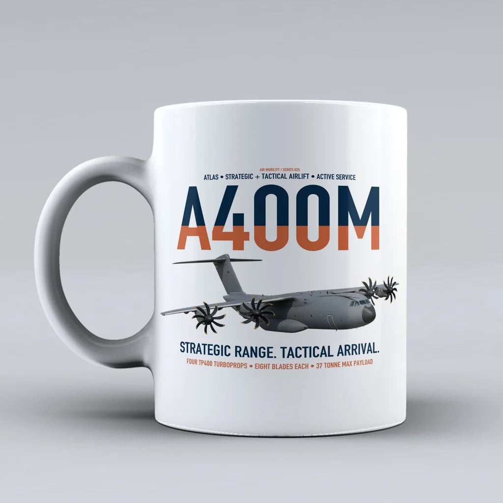 Airbus A400M Atlas design on white ceramic mug, double-side print