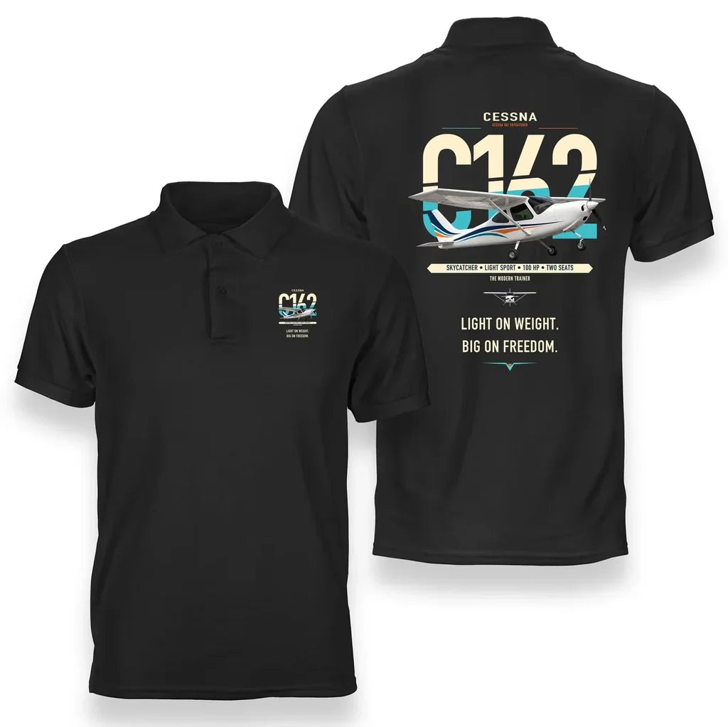 Cessna 162 Skycatcher design on black double-side polo t-shirt, double-side print