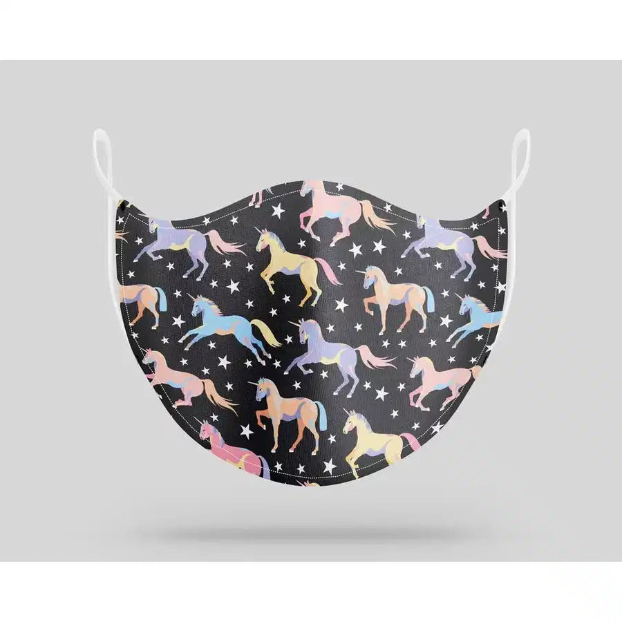 Seamless Colourful Unicorns aviation face mask in breathable cotton blend.