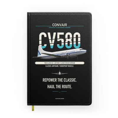 Convair 580 design on black notebook
