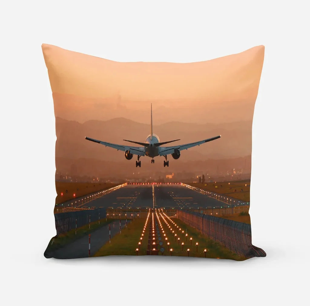 Super Cool Landing During Sunset aviation design on soft polyester filling pillow.