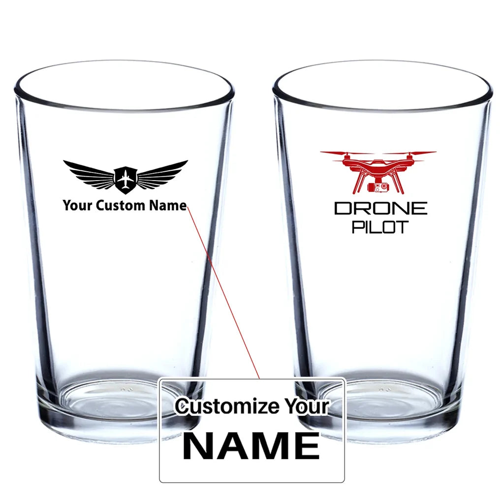 Drone Pilot Beer & aviation design on beer water glass, versatile drinkware.
