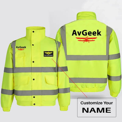 Avgeek aviation design printed on insulated shell with high-visibility reflective panels reflective winter jacket.