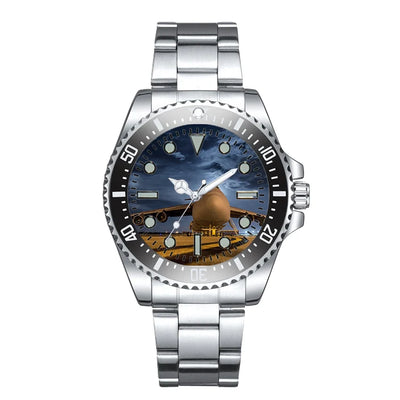 Amazing Military Aircraft at Night Luxury Aviators aviation-themed aviator watch, polished premium stainless steel.