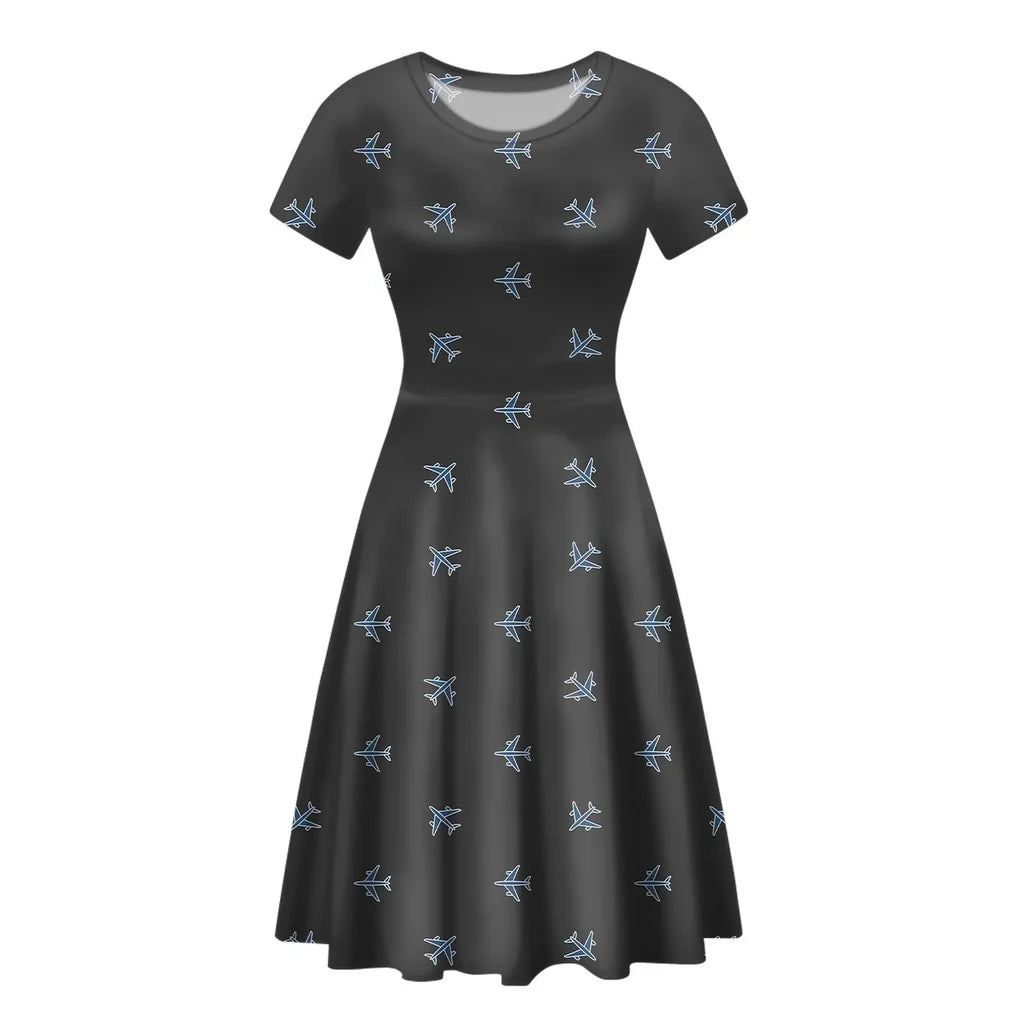 Nice Airplanes (Gray) aviation design on soft cotton blend women's midi dress.