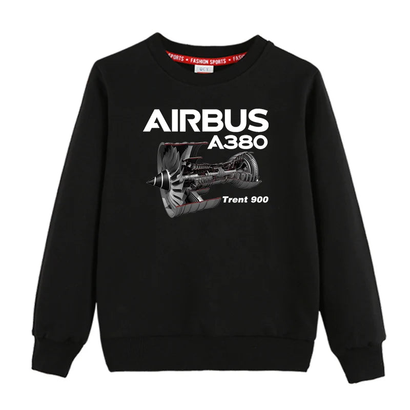 Airbus A380 & Trent 900 Engine "CHILDREN" aviation design printed on soft cotton blend kids' sweatshirt.