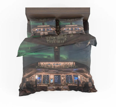 Boeing 777 Cockpit aviation print bedding set, soft cotton blend.