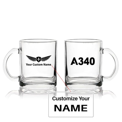 Airbus A340 Flat Text Coffee & aviation design on coffee tea glass, heat-resistant glassware.