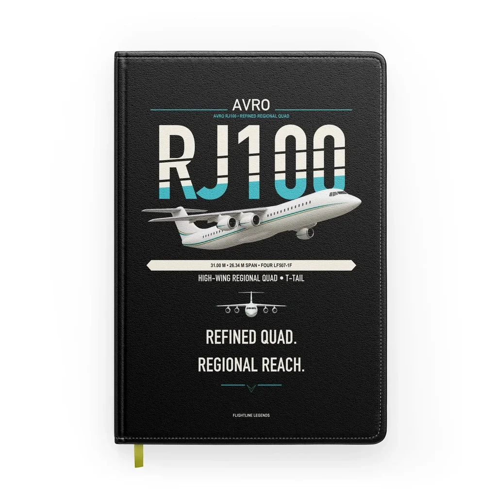 Avro RJ100 design on black notebook