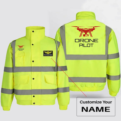 Drone aviation design printed on insulated shell with high-visibility reflective panels reflective winter jacket.