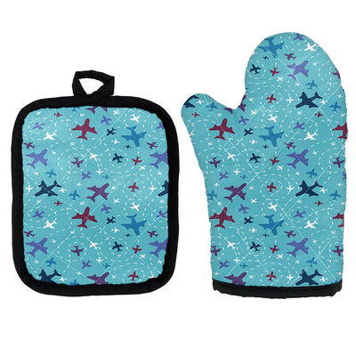 Love of Travel with Aircraft Kitchen Glove & Holder aviation design on durable fabric with insulated lining kitchen glove holder.