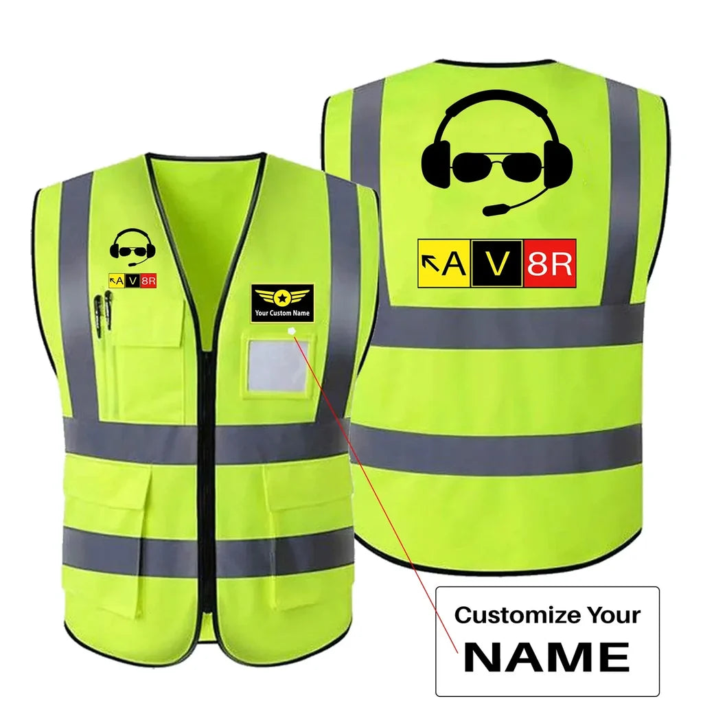 AV8R 2 aviation design printed on high-visibility reflective fabric reflective vest.