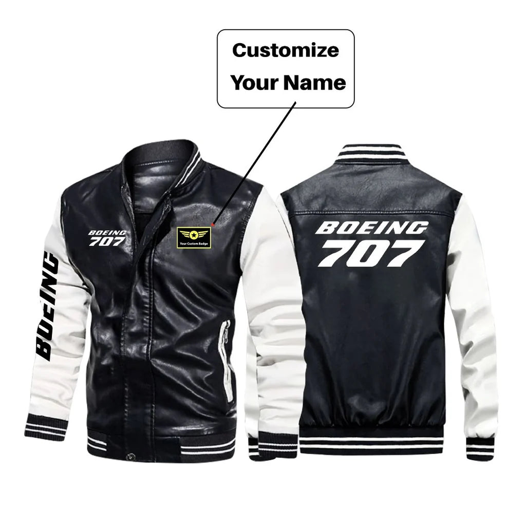 Boeing 707 & Text aviation design printed on genuine leather with modern tailored fit stylish leather jacket.