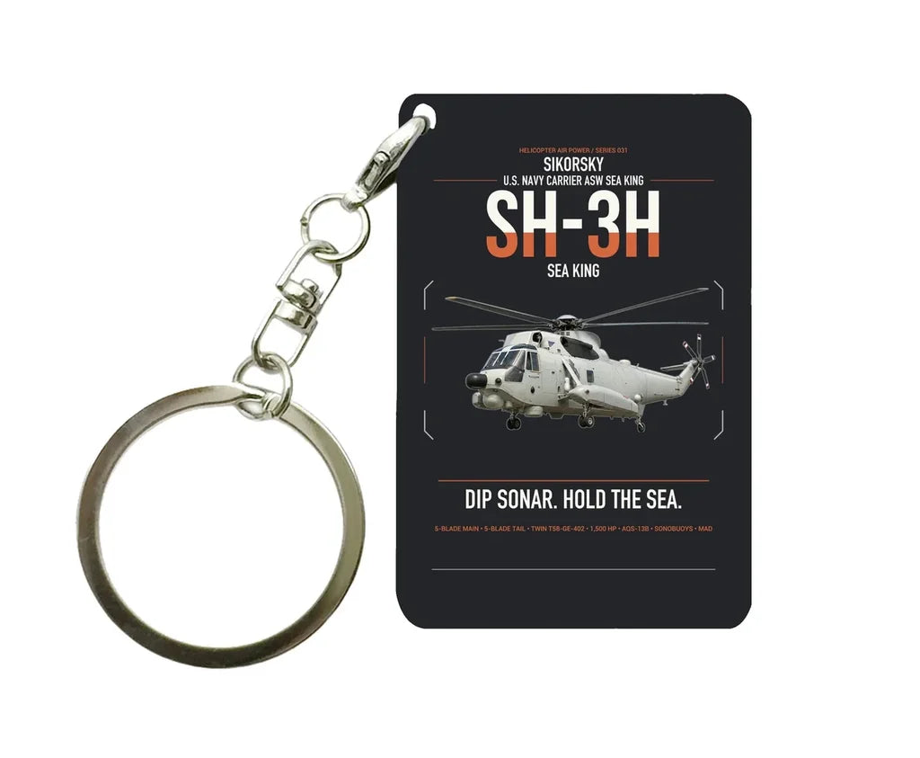 Sikorsky SH-3H Sea King design on black designed key chain, double-side print