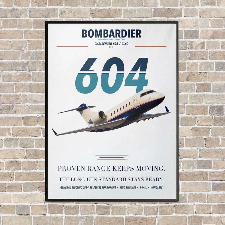 Bombardier Challenger 604 vertical canvas print - framed - white background