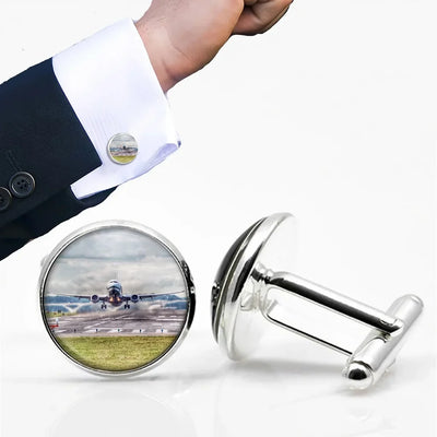 Side view of Departing Boeing 737 aviation cuff links in polished metal, polished finish.