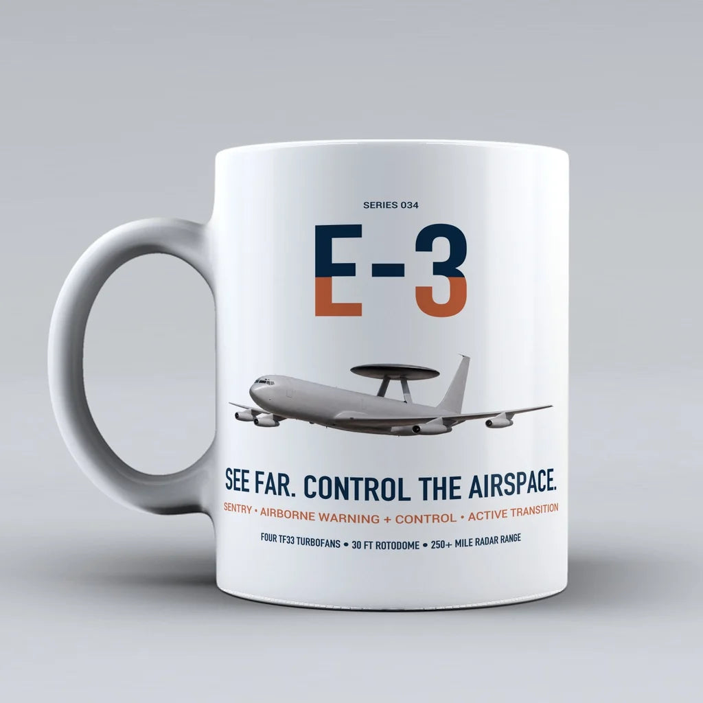 E-3 Sentry AWACS design on white ceramic mug, double-side print