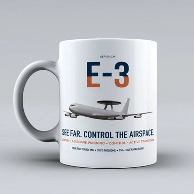 E-3 Sentry AWACS design on white ceramic mug, double-side print