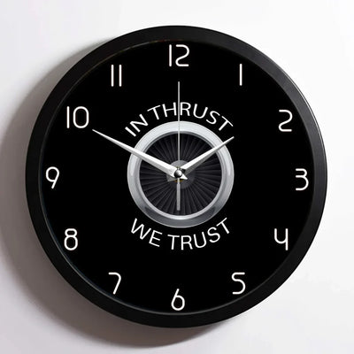 In Thrust We Trust aviation design on premium wood and metal wall clock.