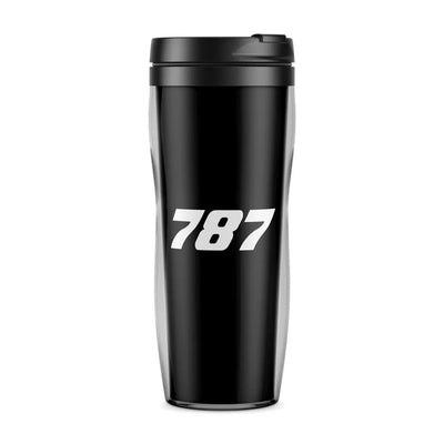Boeing 787 Flat Text aviation design on plastic travel mug, bpa-free durable plastic.