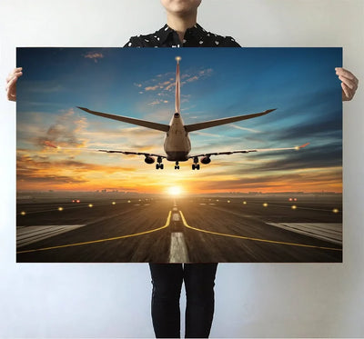 Airplane over Runway Towards the Sunrise aviation themed poster, premium poster paper.