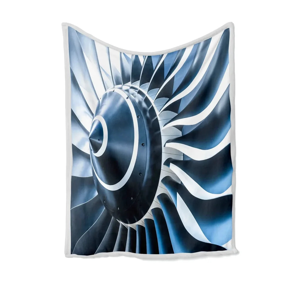Blue Toned Super Jet Engine Blades Closeup Bed Blankets & aviation print on soft fleece blanket.