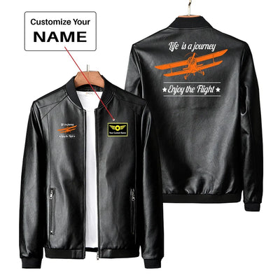 Life is a journey Enjoy the Flight PU aviation design printed on genuine leather with quilted lining leather jacket.