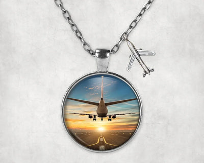 Side view of Airplane over Runway Towards the Sunrise aviation necklace in stainless steel, polished finish.