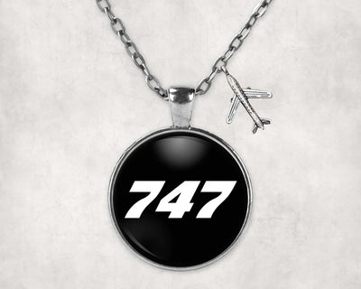 Side view of Boeing 747 Flat Text aviation necklace in stainless steel, polished finish.