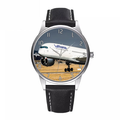 Side view of Lufthansa A350 aviation watch with leather strap in leather strap, polished finish.