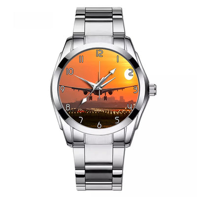 Side view of Amazing Airbus A330 Landing at Sunset aviation watch with stainless steel band in stainless steel, polished fini.