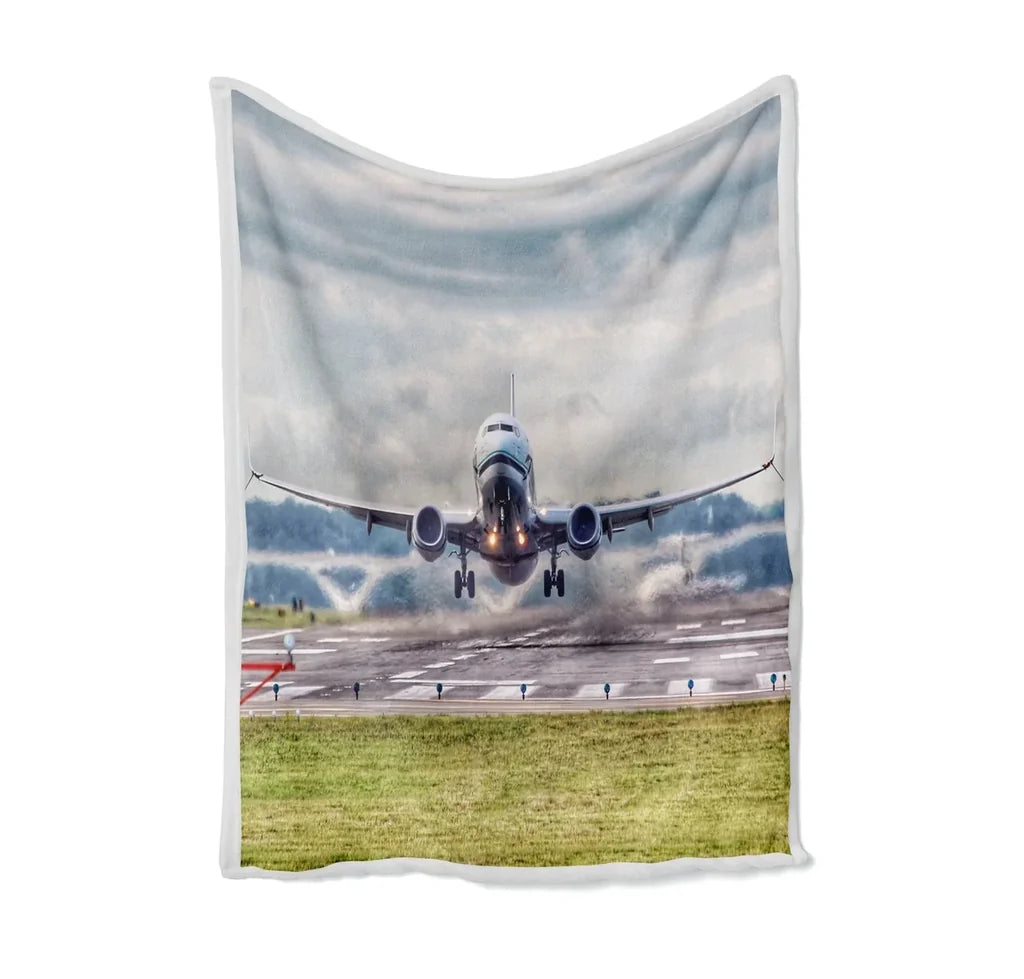 Departing Boeing 737 Bed Blankets & aviation print on soft fleece blanket.