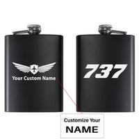 Thumbnail for Boeing 737 Flat Text aviation design on stainless hip flask, compact pocket-size flask.
