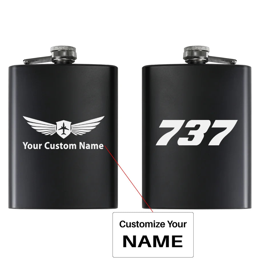 Boeing 737 Flat Text aviation design on stainless hip flask, compact pocket-size flask.