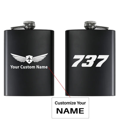 Boeing 737 Flat Text aviation design on stainless hip flask, compact pocket-size flask.