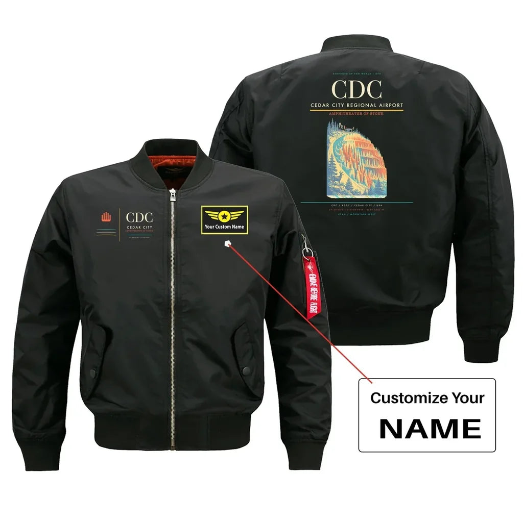 Cedar City Regional Airport (CDC) design on black bomber jacket with custom name patch