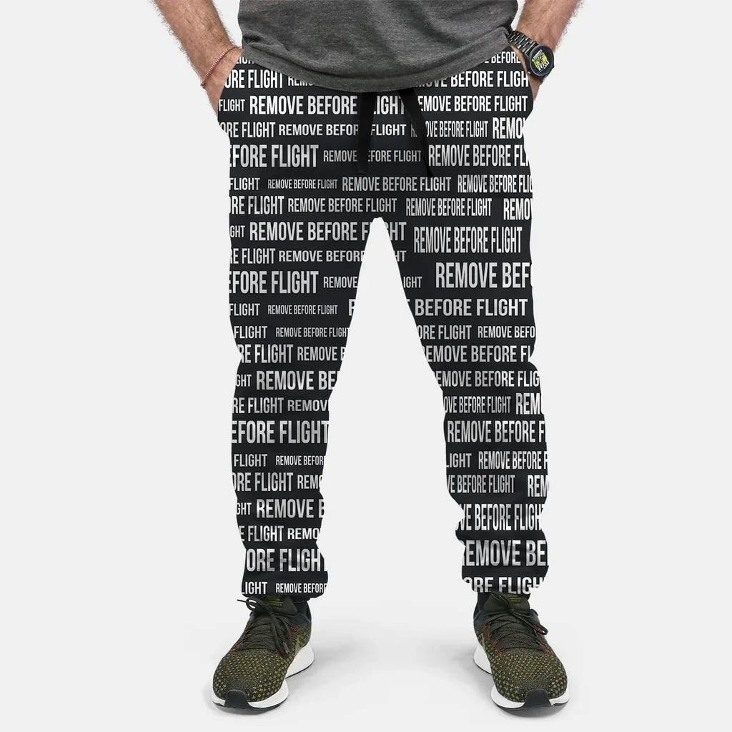 Remove Before Flight 3-Black aviation design on soft cotton blend 3D-printed sweatpants.