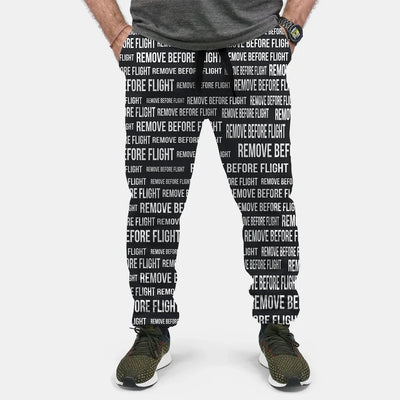 Remove Before Flight 3-Black aviation design on soft cotton blend 3D-printed sweatpants.