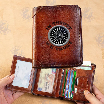In Thrust We Trust (Vol 2) aviation print leather wallet, leather.